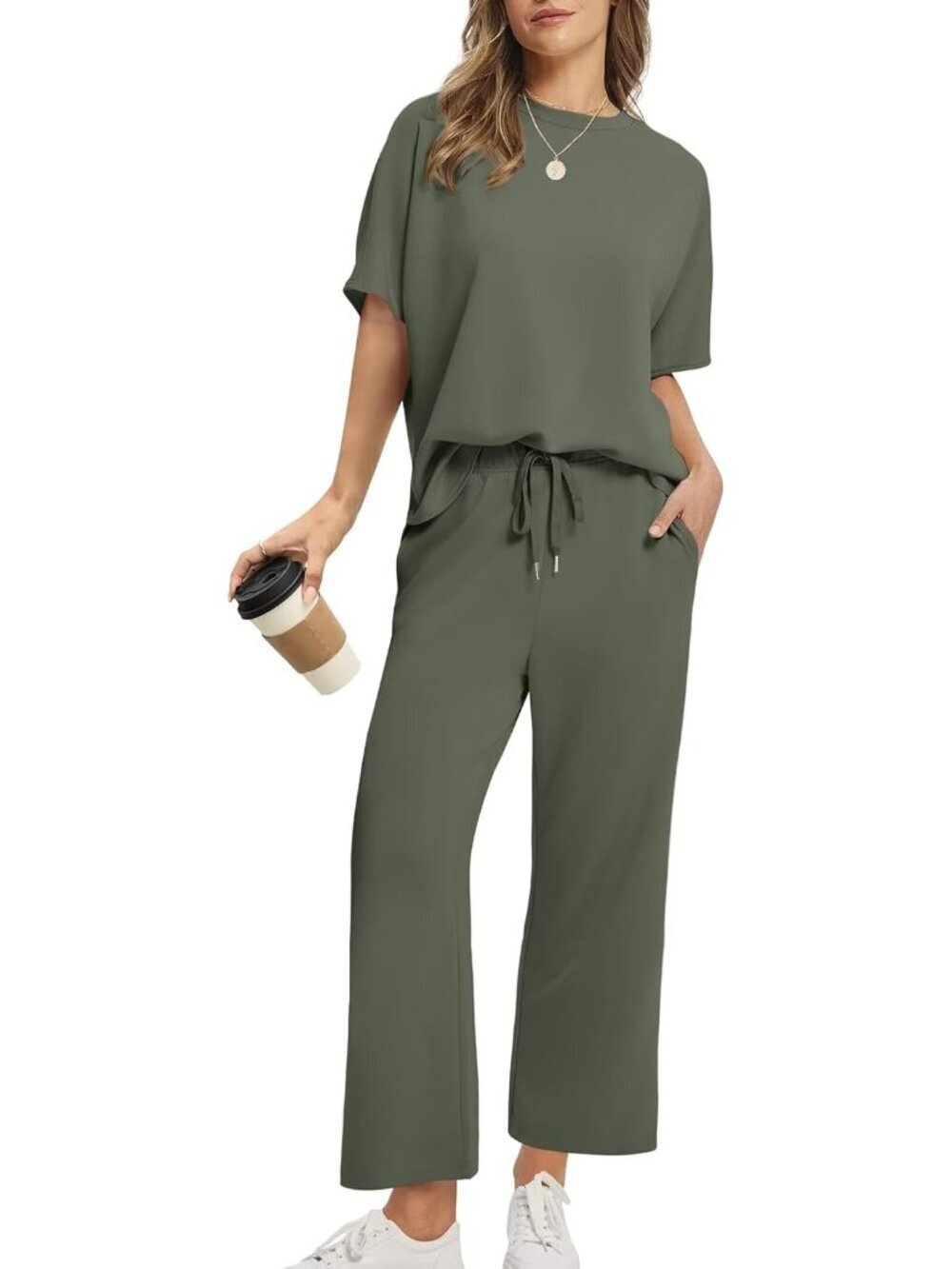 Women's Green Two Piece Summer Outfits Oversized Wide Leg Crop Pants Lounge Set